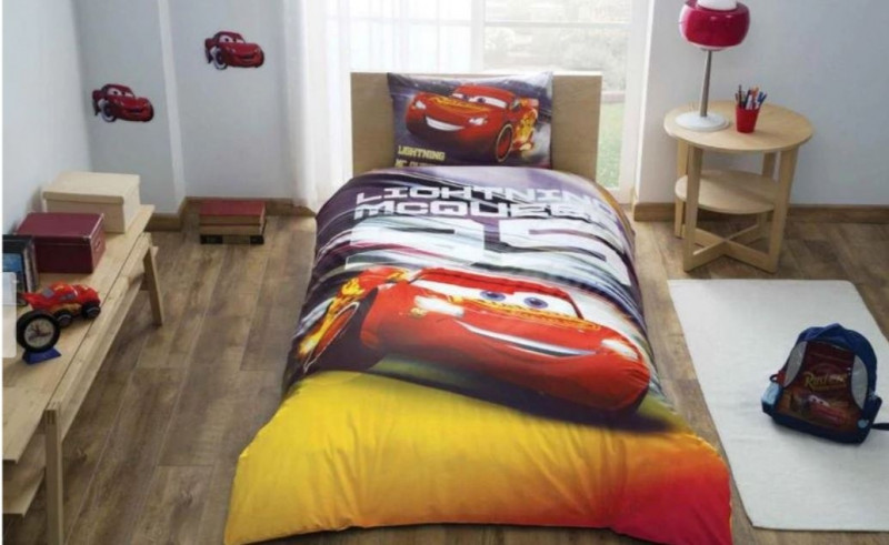 Lenjerie de pat pentru 1 persoana, 3 piese, TAC, din bumbac 100% - Cars Lightning McQueen
