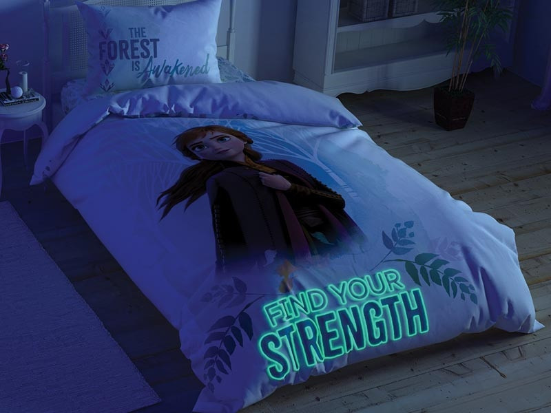 Lenjerie de pat pentru copii, fluorescenta, Frozen, pentru 1 persoana, 3 piese, TAC, din bumbac 100% - Elsa