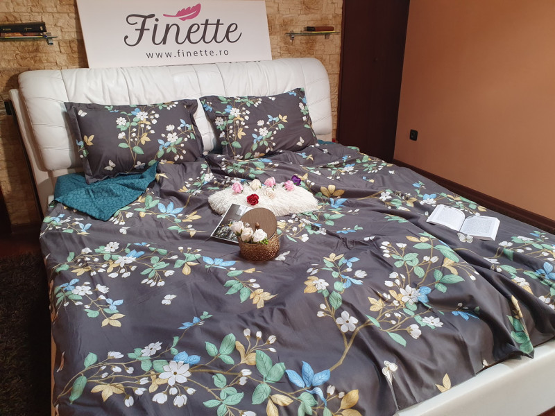 Lenjerie de pat bumbac finet (cearceaf cu elastic 160x200 cm), cu 4 piese, pentru 2 persoane, L'atelier Creatif Pucioasa - Nina