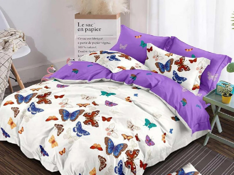 Lenjerie de pat bumbac finet (cearceaf cu elastic 180x200 cm), cu 6 piese, pentru 2 persoane, L'atelier Creatif Pucioasa - Butterfly