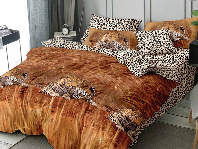 Lenjerie de pat bumbac finet, cu 6 piese, pentru 2 persoane, Dormy Pucioasa - Leopard