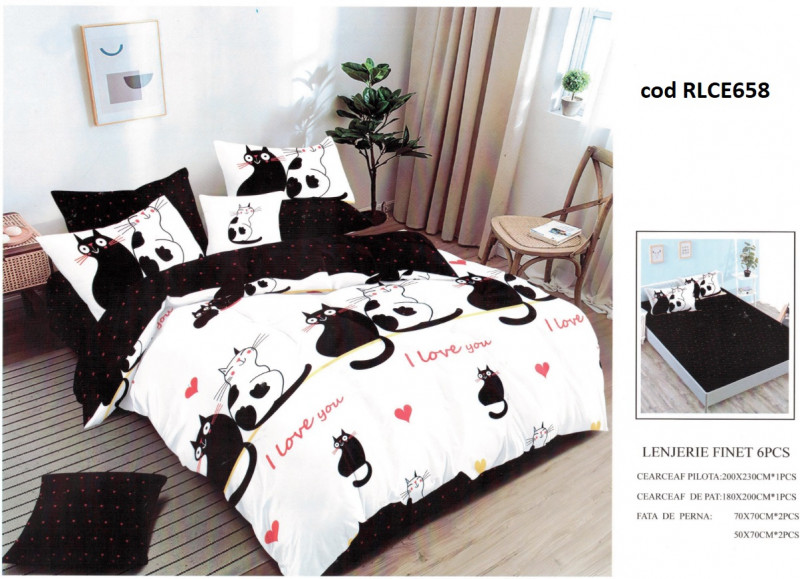 Lenjerie de pat bumbac finet, pentru 2 persoane, cu husa universala pentru saltea de 160x200 cm si 180x200 cm, cu 6 piese, Ralex Pucioasa - Cats