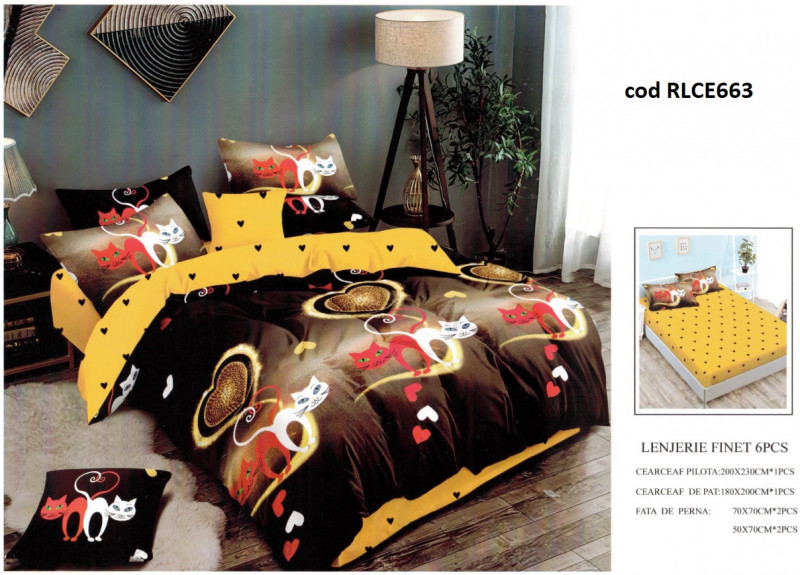 Lenjerie de pat bumbac finet, pentru 2 persoane, cu husa elastica pentru saltea 180x200 cm, 6 piese, Ralex Pucioasa - Sandra