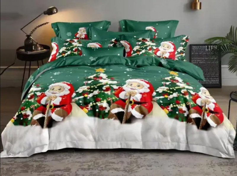 Lenjerie de pat Craciun, din bumbac finet, pentru 2 persoane, cu 4 piese - Santa