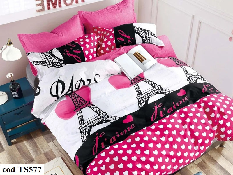 Lenjerie de pat pentru 2 persoane din bumbac satinat, L'atelier Creatif Pucioasa, cu 4 piese - Pink Paris