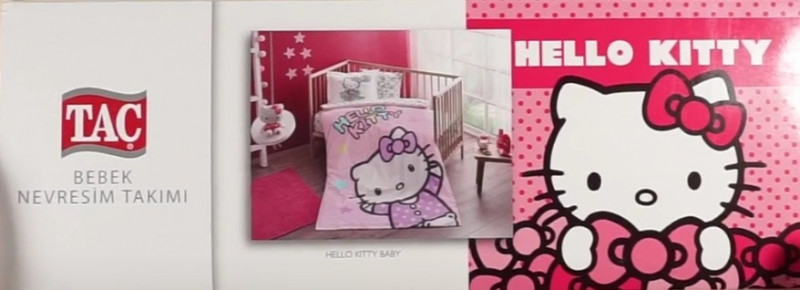 Lenjerie pentru patut de bebelusi, cu Hello Kitty, 4 piese, Tac, din bumbac 100%