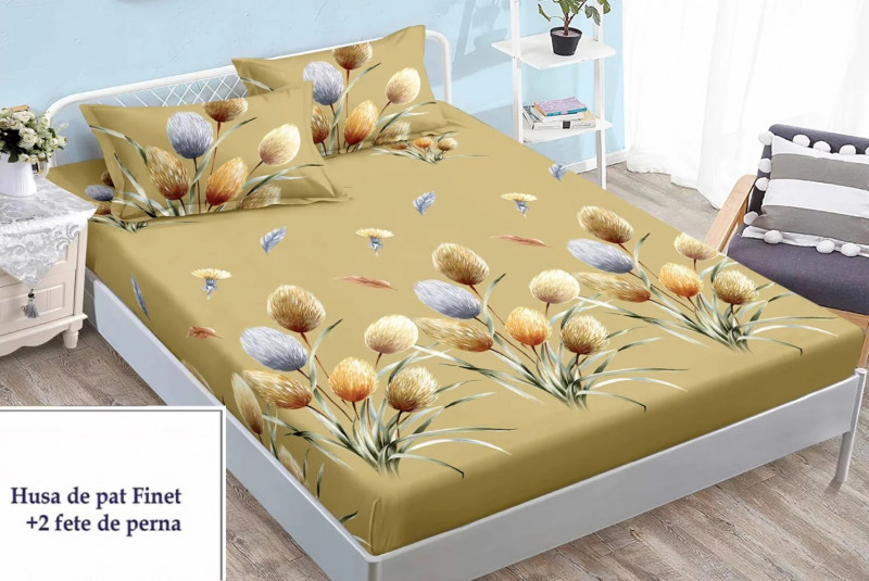 Set cearceaf de pat din bumbac finet cu elastic, 160x200 cm cu 2 fete de perna, Ralex Pucioasa - Mina