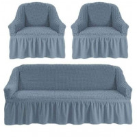 Set huse elastice si creponate, cu volanase, pentru canapea si fotolii (gri albastrui)